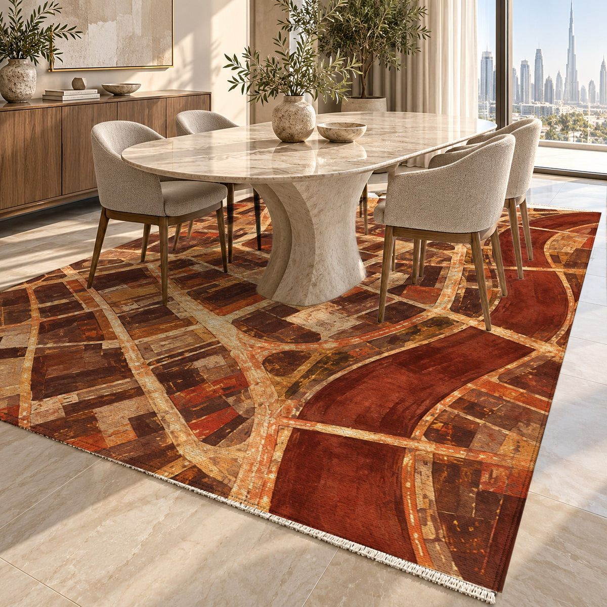 Street Grid Terracotta Modern Washable Rug — dubai dining