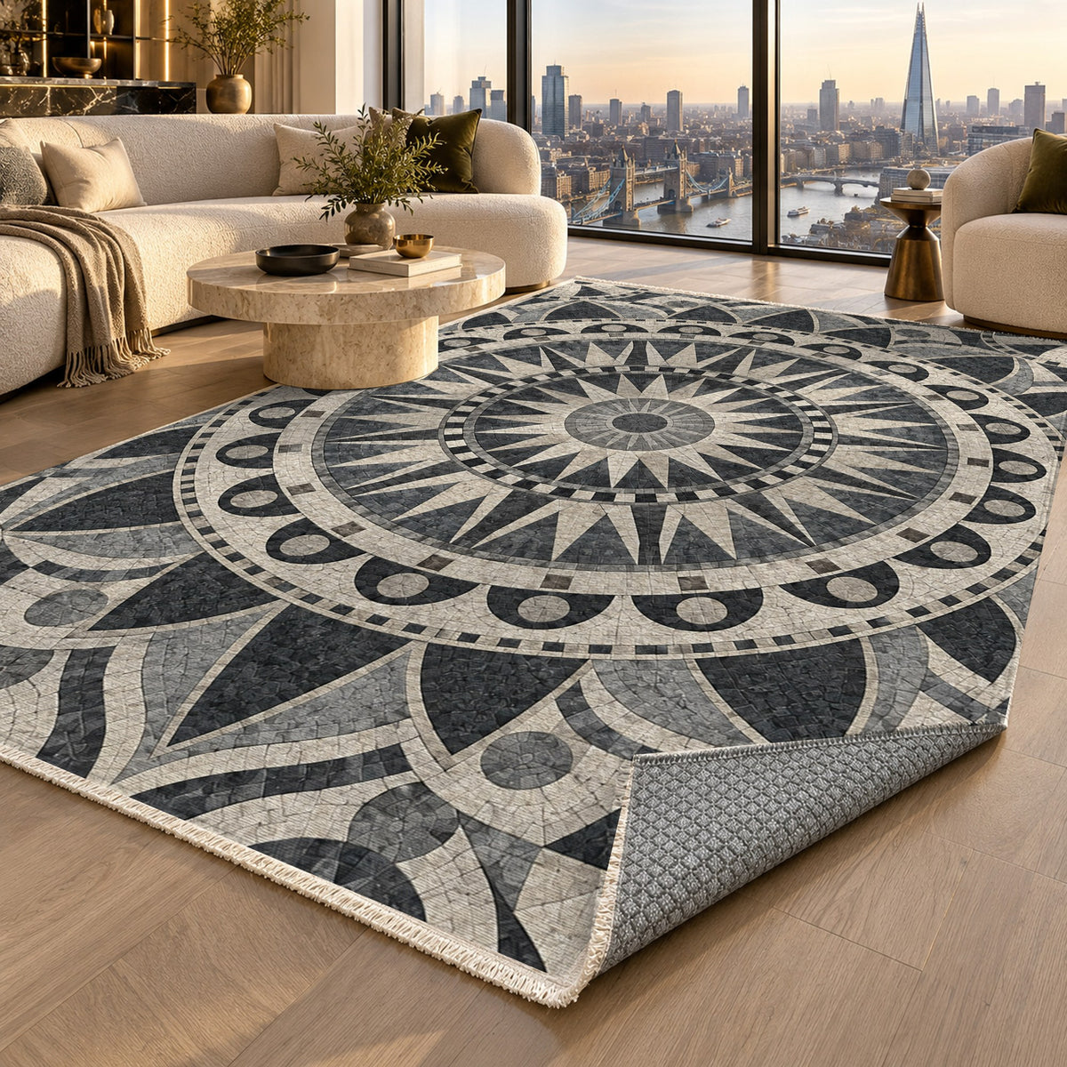 Sun Wheel Charcoal Geometric Washable Rug — london luxury living