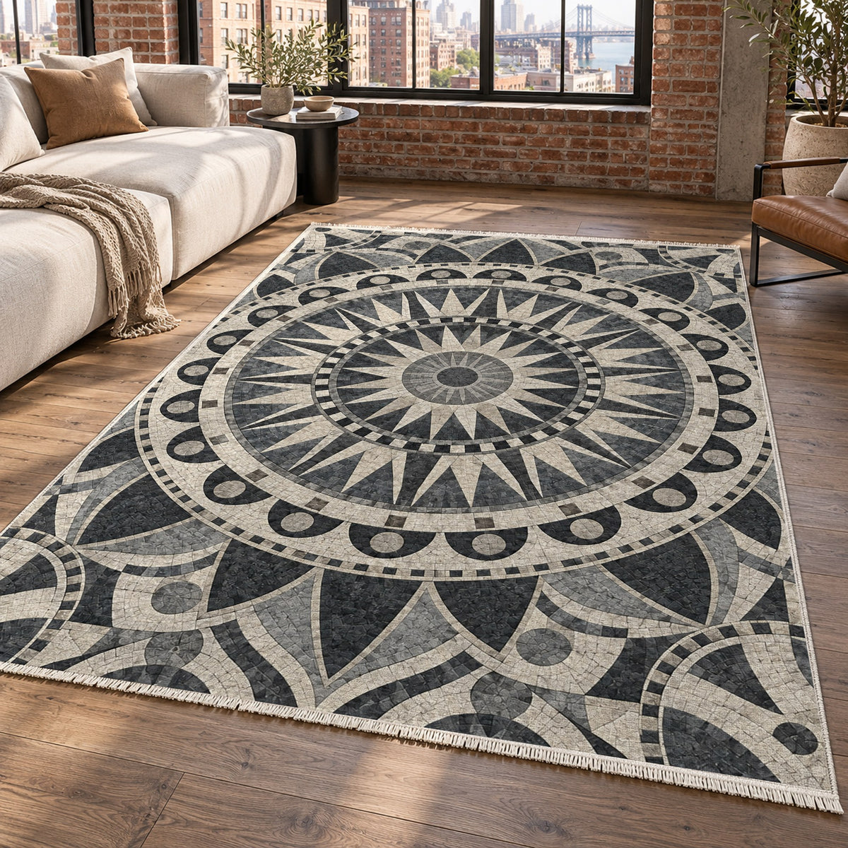 Sun Wheel Charcoal Geometric Washable Rug — new york living