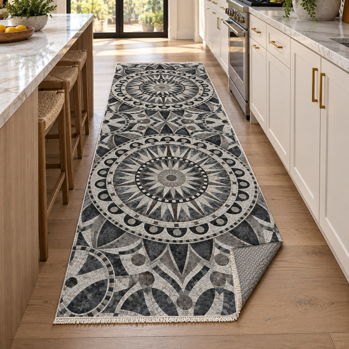 Sun Wheel Charcoal Geometric Washable Rug — new york kitchen runner
