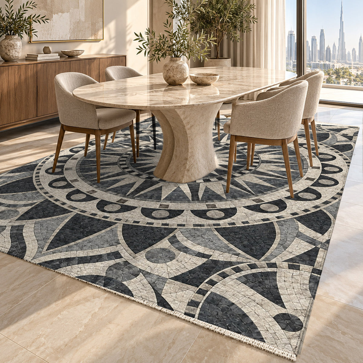 Sun Wheel Charcoal Geometric Washable Rug — dubai dining