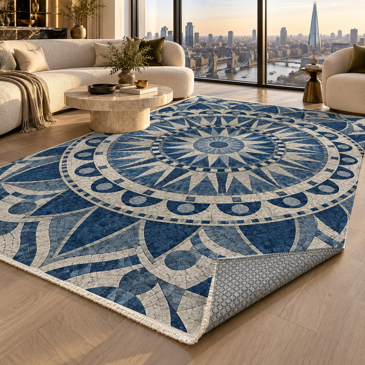 Sun Wheel Indigo Geometric Washable Rug — london luxury living
