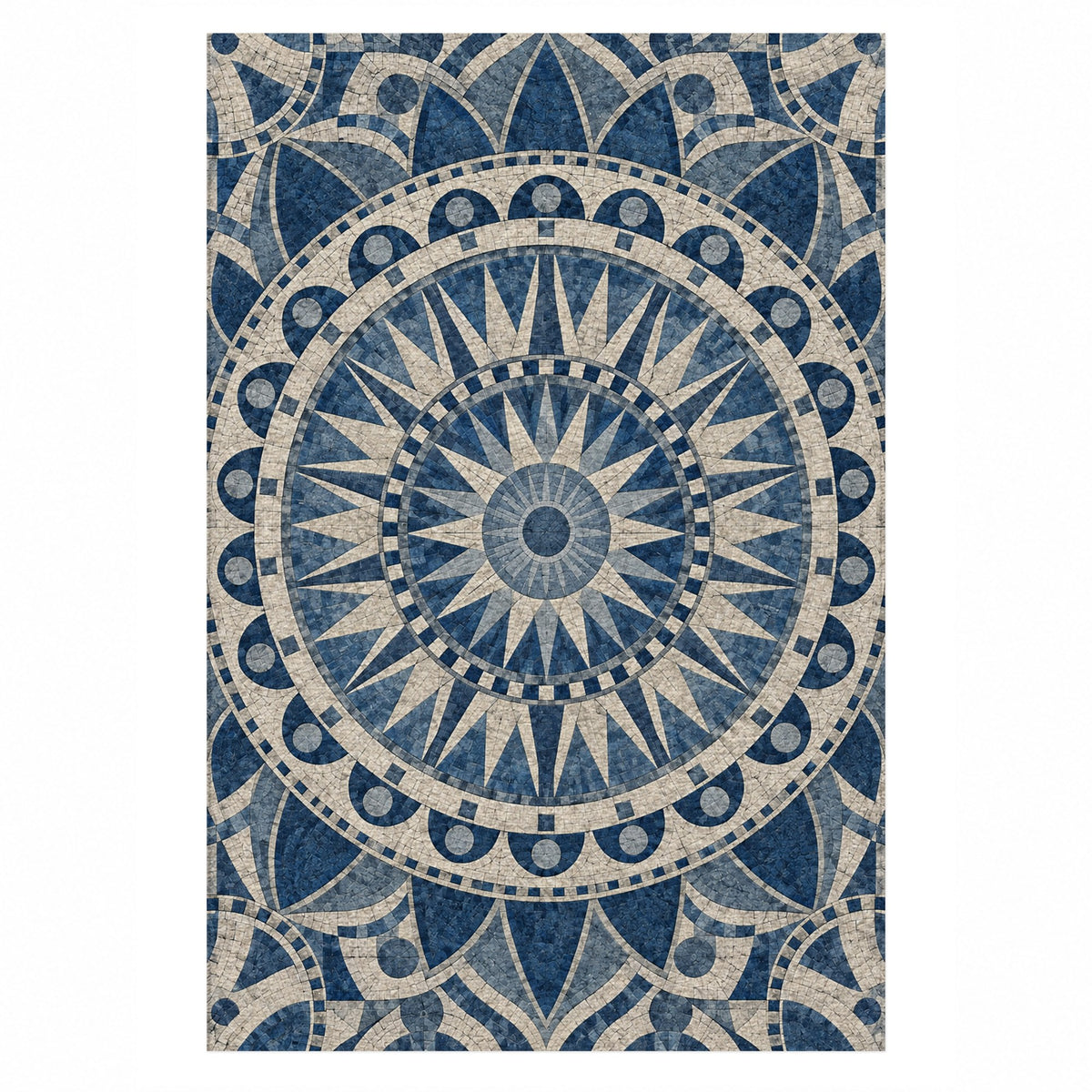 Sun Wheel Indigo Geometric Washable Rug — top view