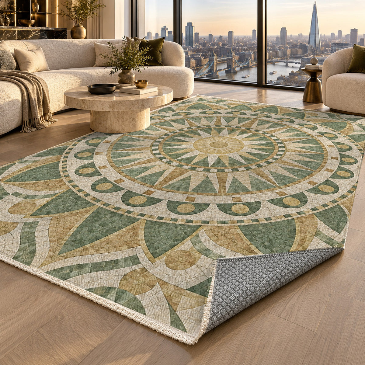 Sun Wheel Sage Geometric Washable Rug — london luxury living