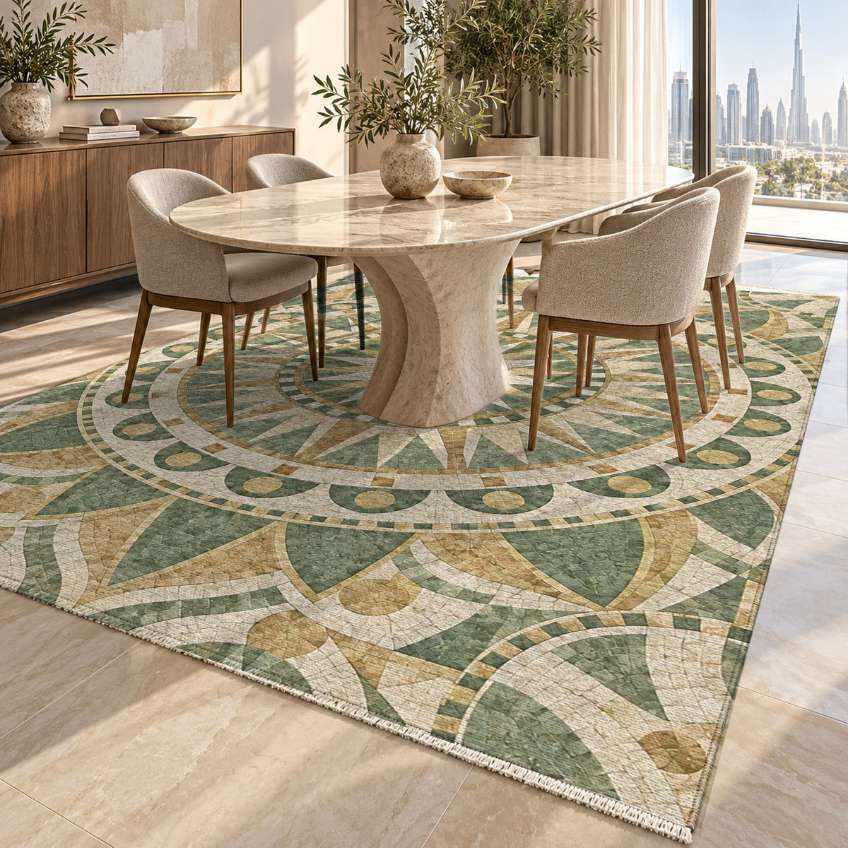 Sun Wheel Sage Geometric Washable Rug — dubai dining