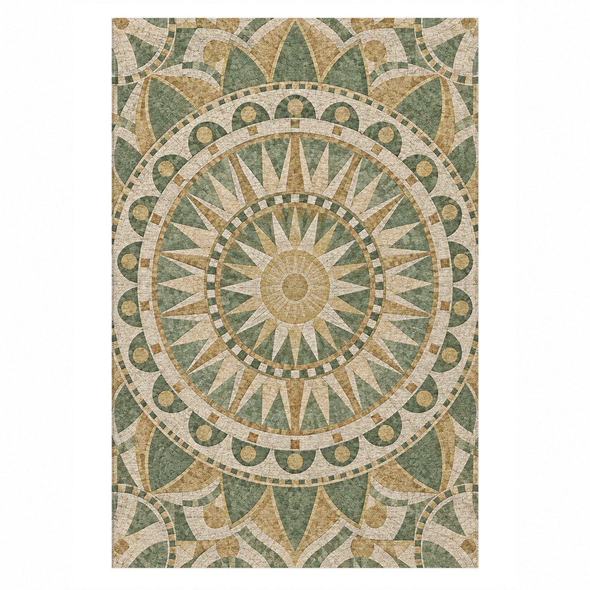 Sun Wheel Sage Geometric Washable Rug — top view