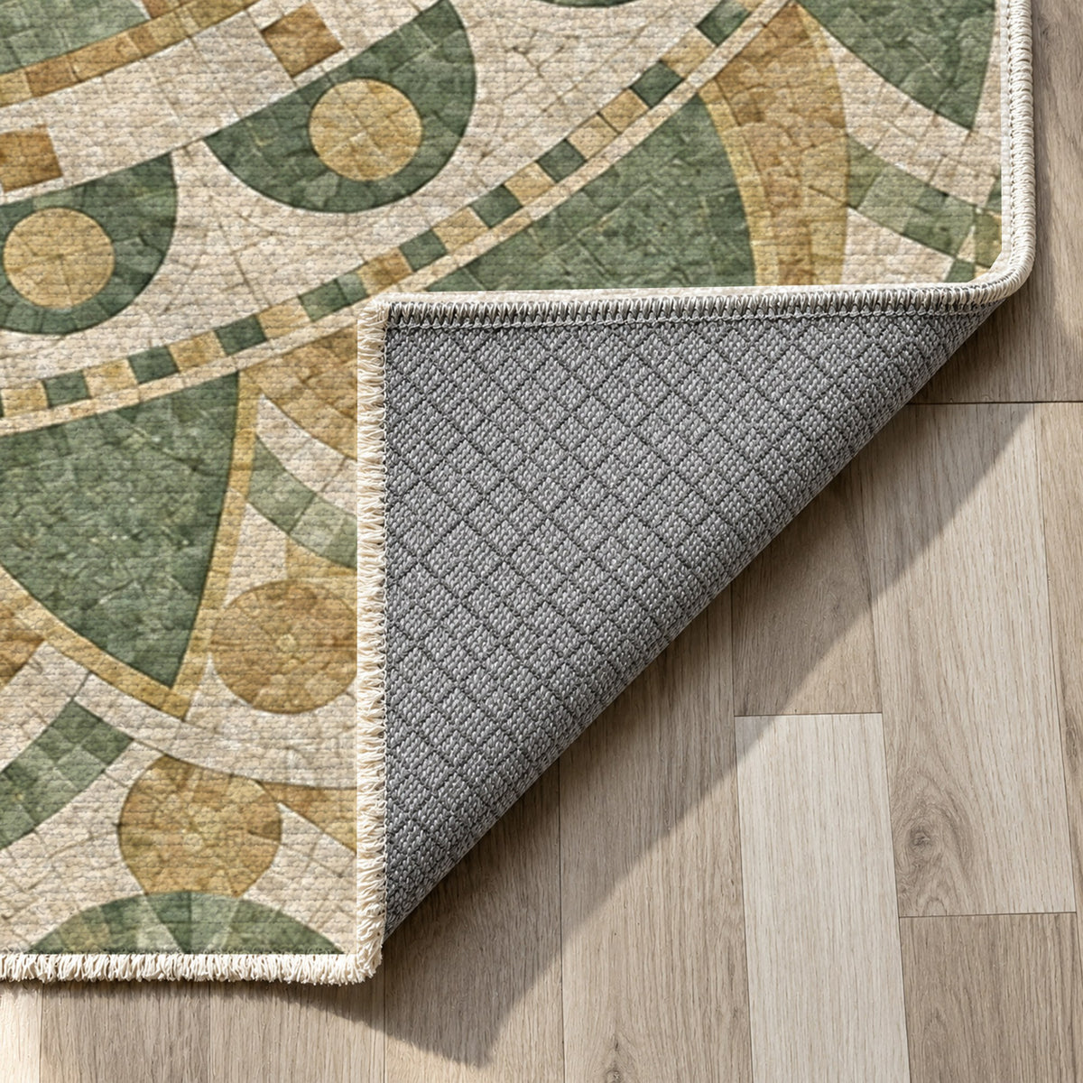Sun Wheel Sage Geometric Washable Rug — backing close up