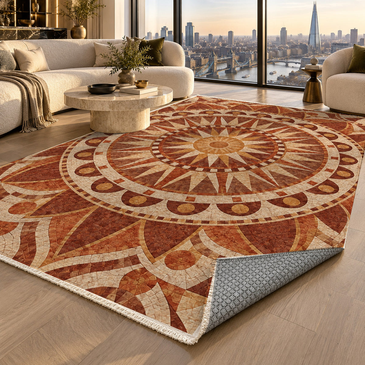 Sun Wheel Terracotta Geometric Washable Rug — london luxury living