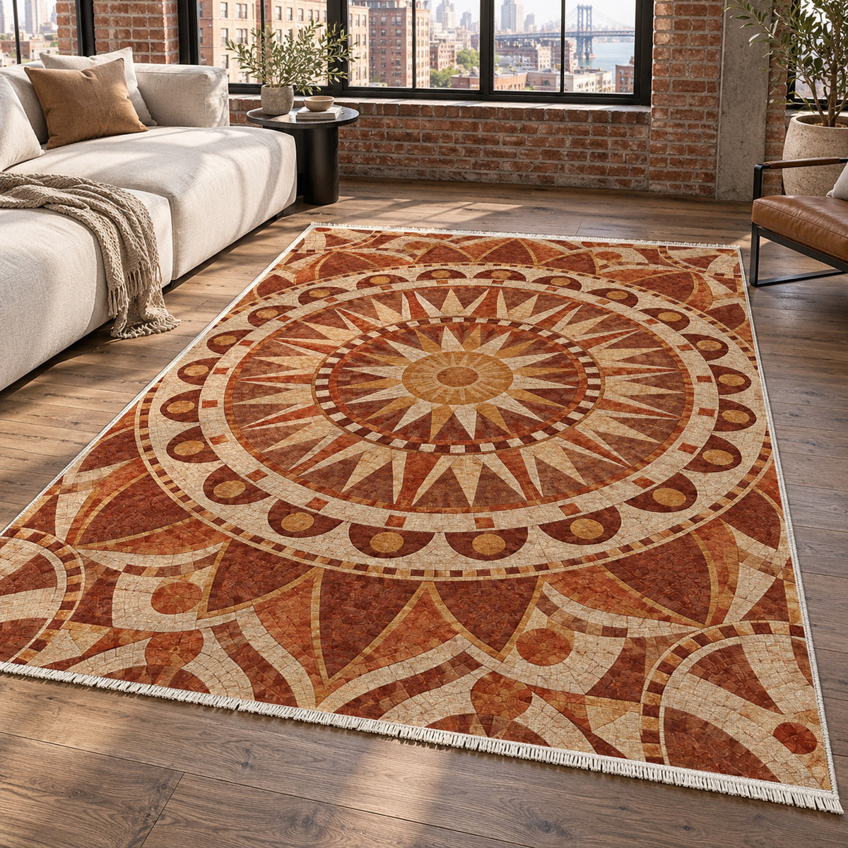 Sun Wheel Terracotta Geometric Washable Rug — new york living
