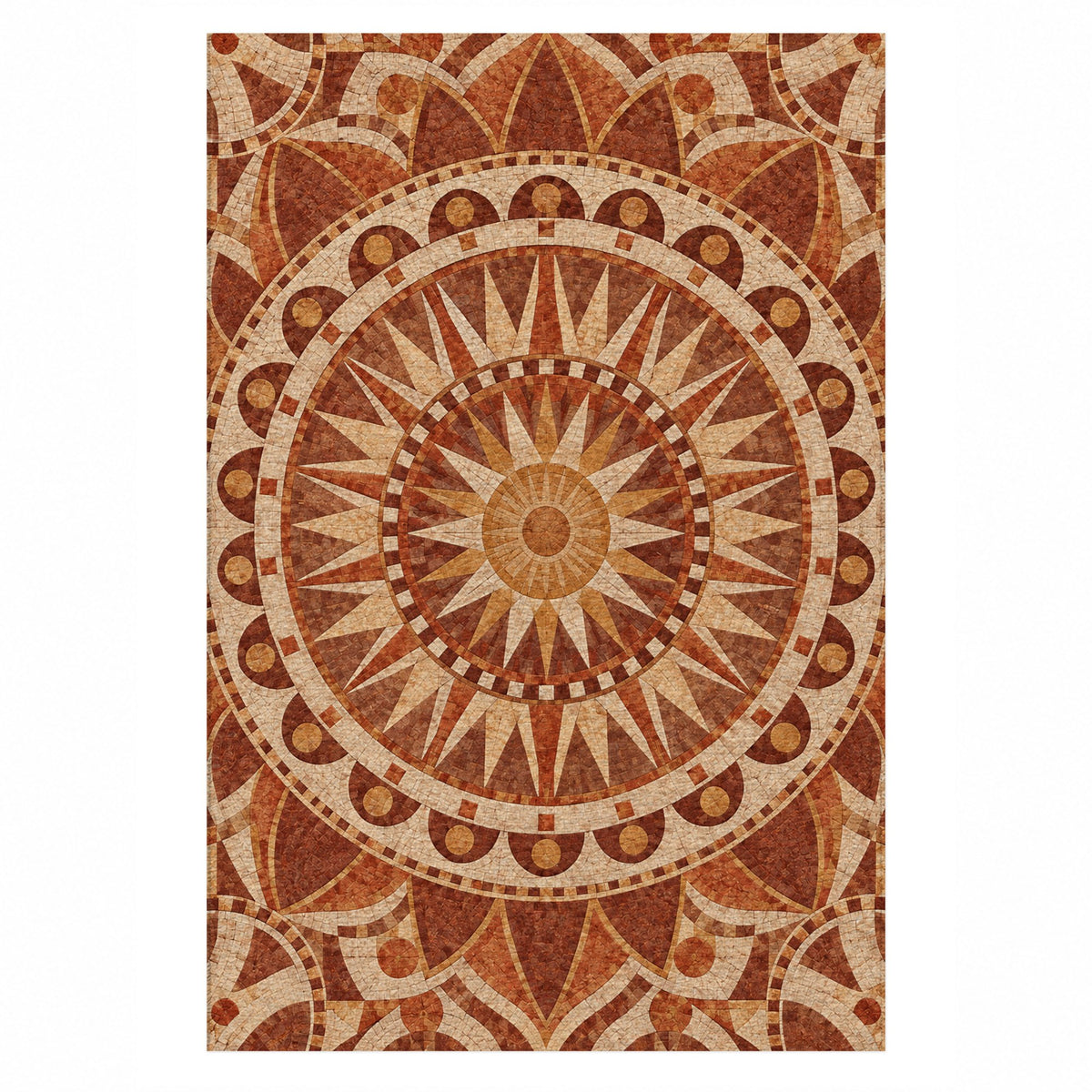 Sun Wheel Terracotta Geometric Washable Rug — top view