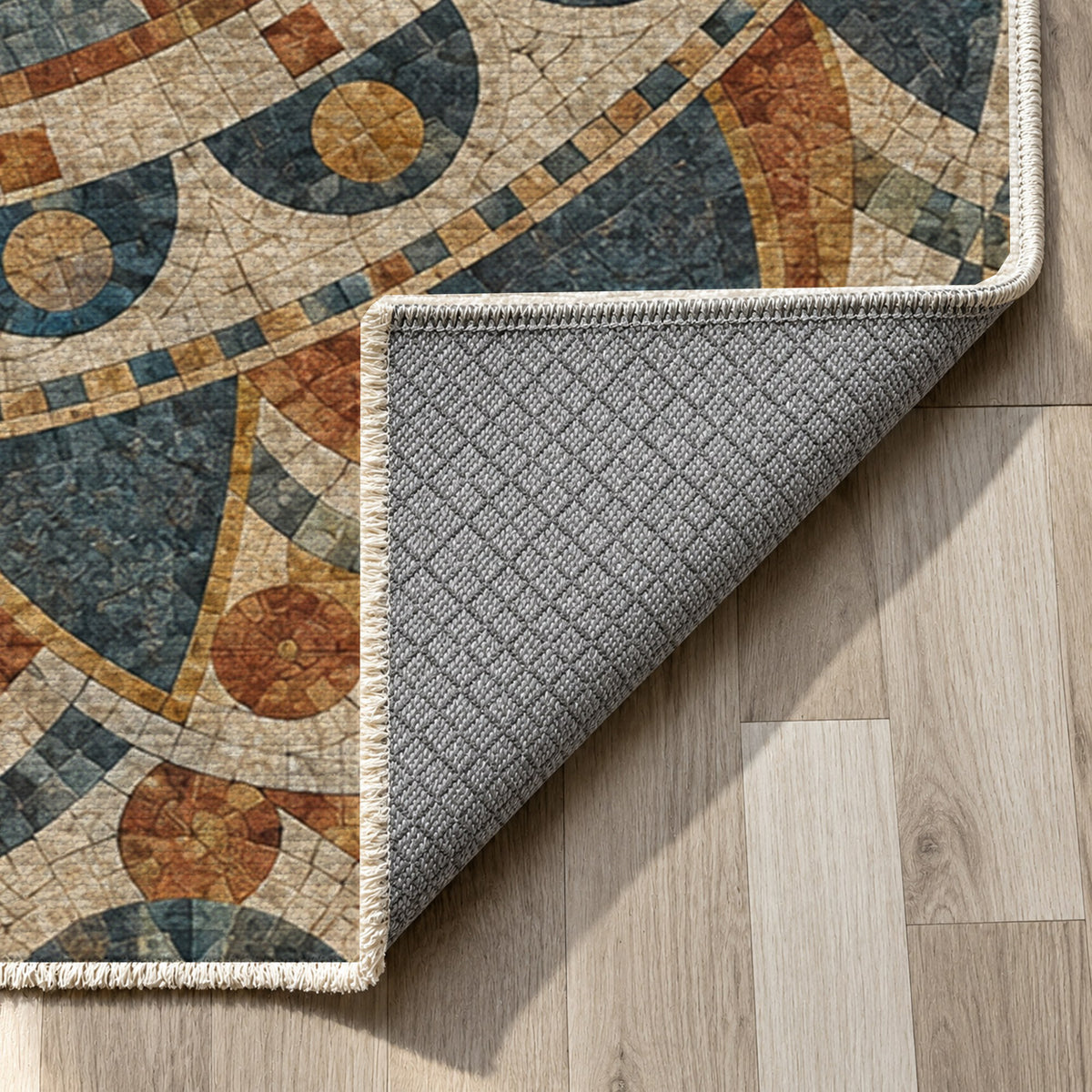 Sun Wheel Geometric Washable Rug — backing close up