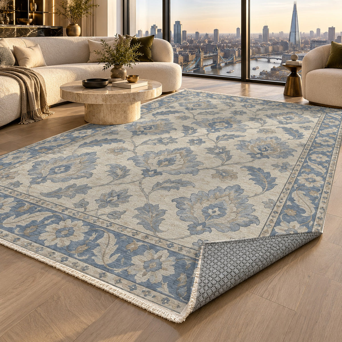 Sunlit Palmettes Blue Ivory Classic Washable Rug — london luxury living
