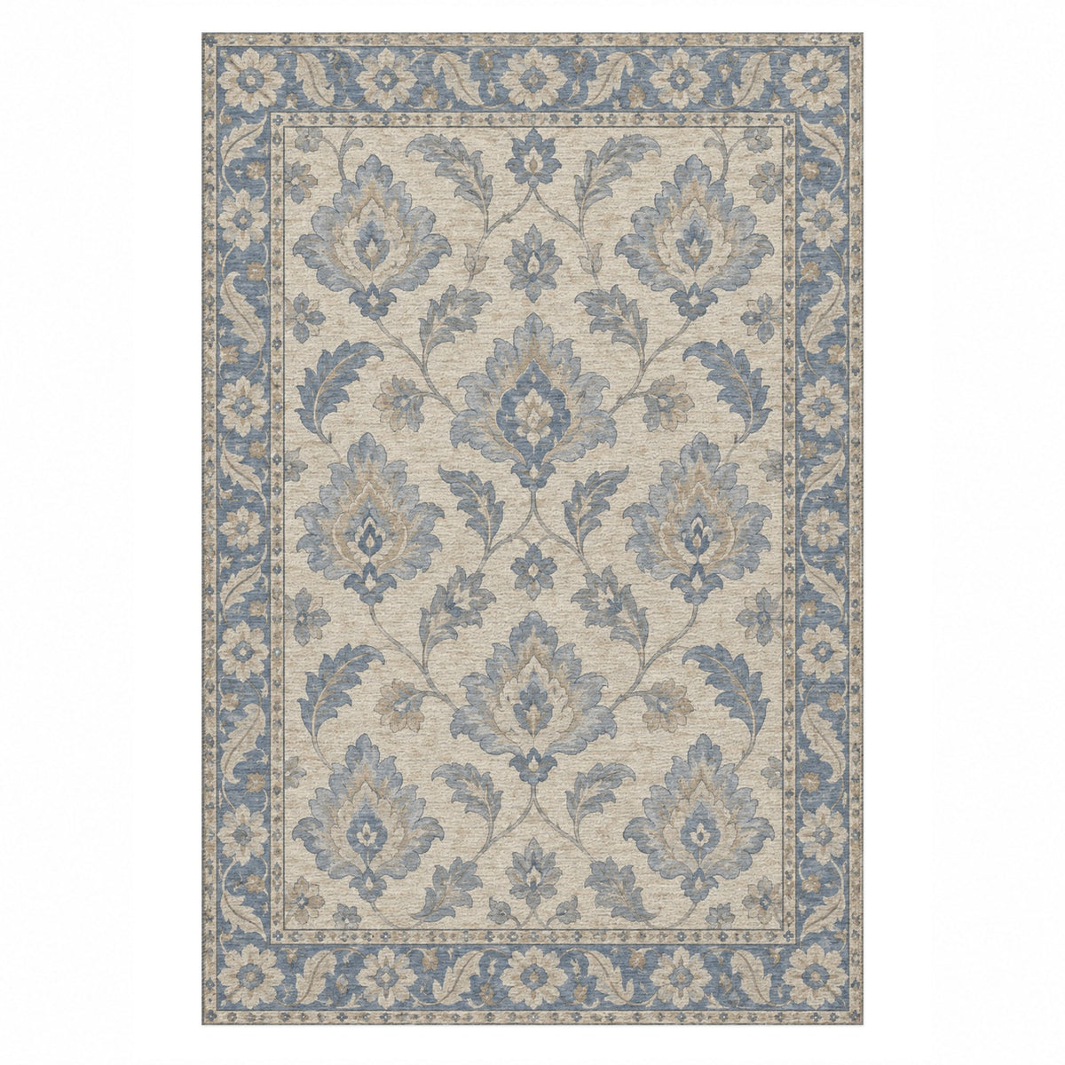 Sunlit Palmettes Blue Ivory Classic Washable Rug — top view