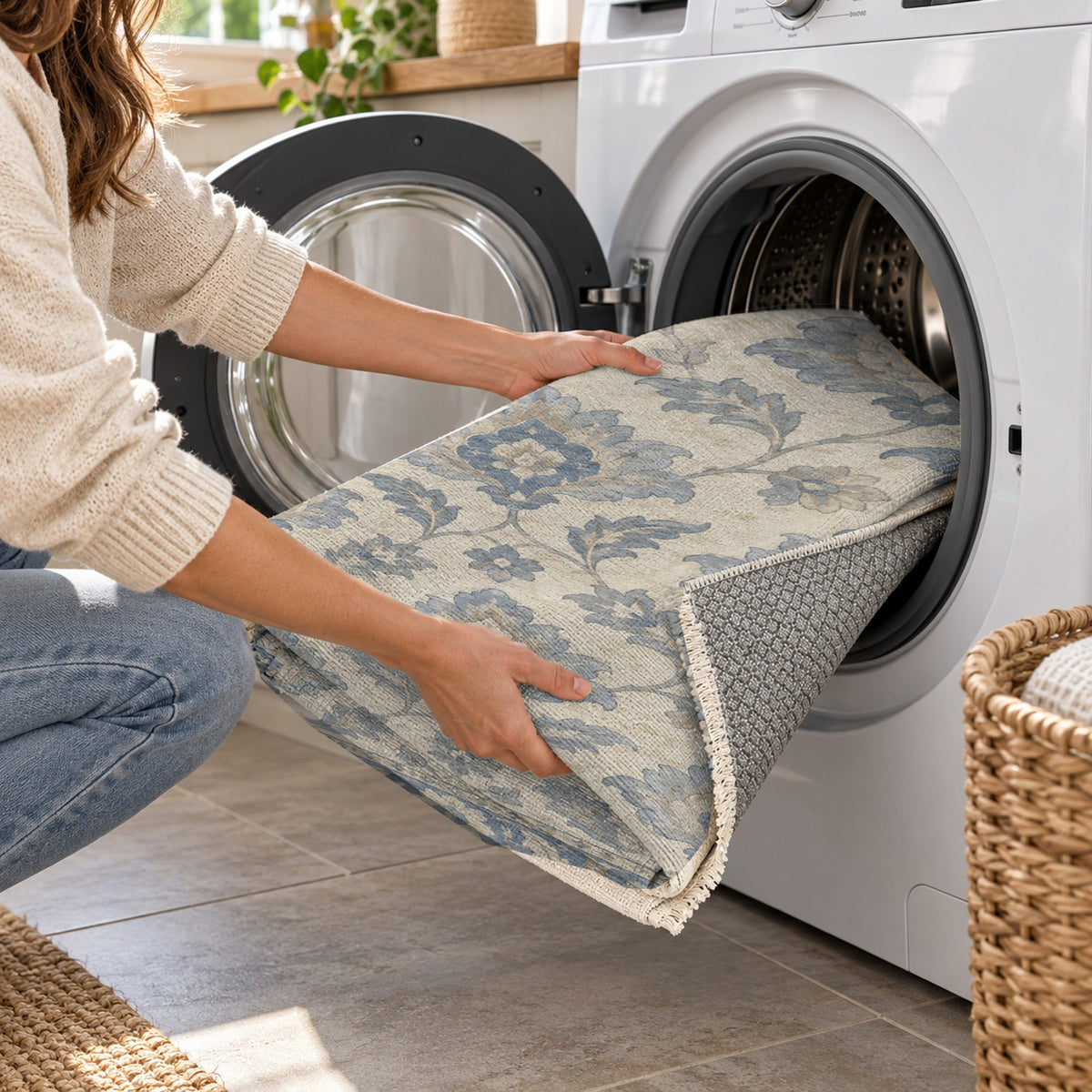 Sunlit Palmettes Blue Ivory Classic Washable Rug — washing machine