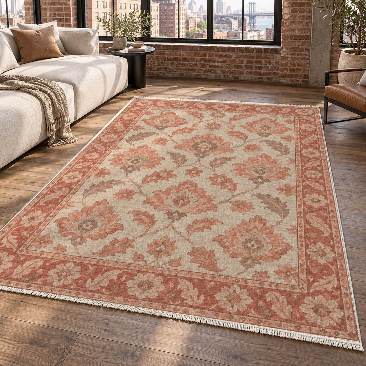 Sunlit Palmettes Coral Sand Classic Washable Rug — new york living