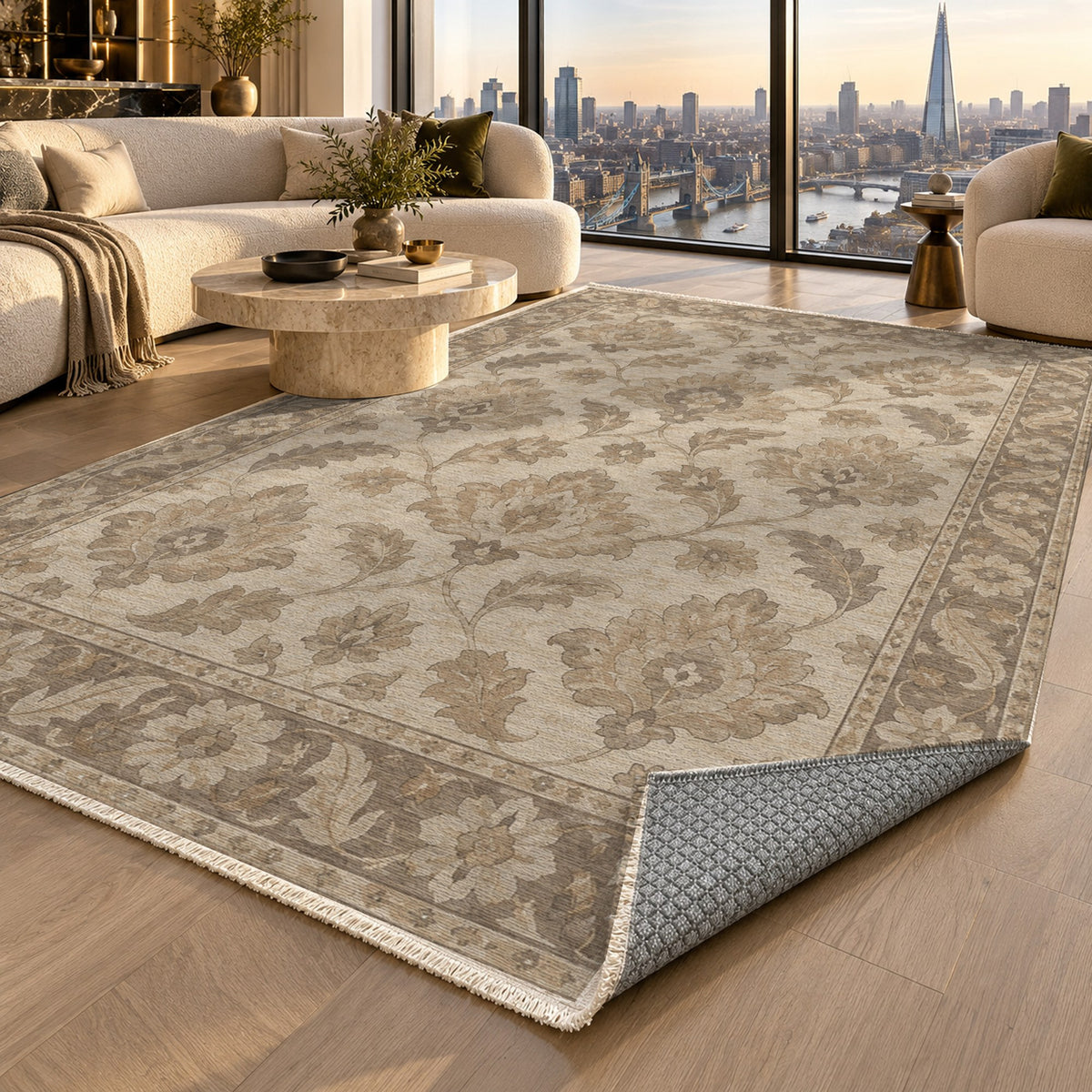Sunlit Palmettes Ivory Taupe Classic Washable Rug — london luxury living