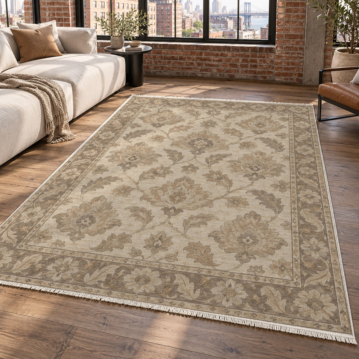 Sunlit Palmettes Ivory Taupe Classic Washable Rug — new york living