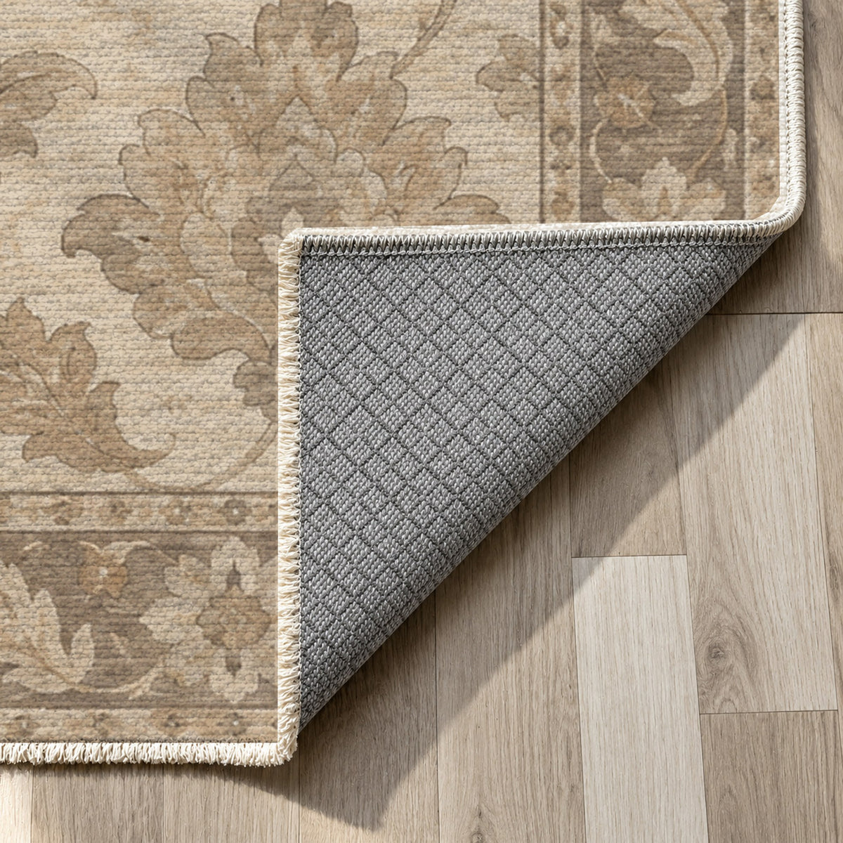 Sunlit Palmettes Ivory Taupe Classic Washable Rug — backing close up