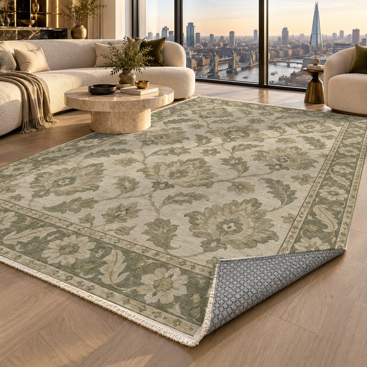 Sunlit Palmettes Sage Cream Classic Washable Rug — london luxury living
