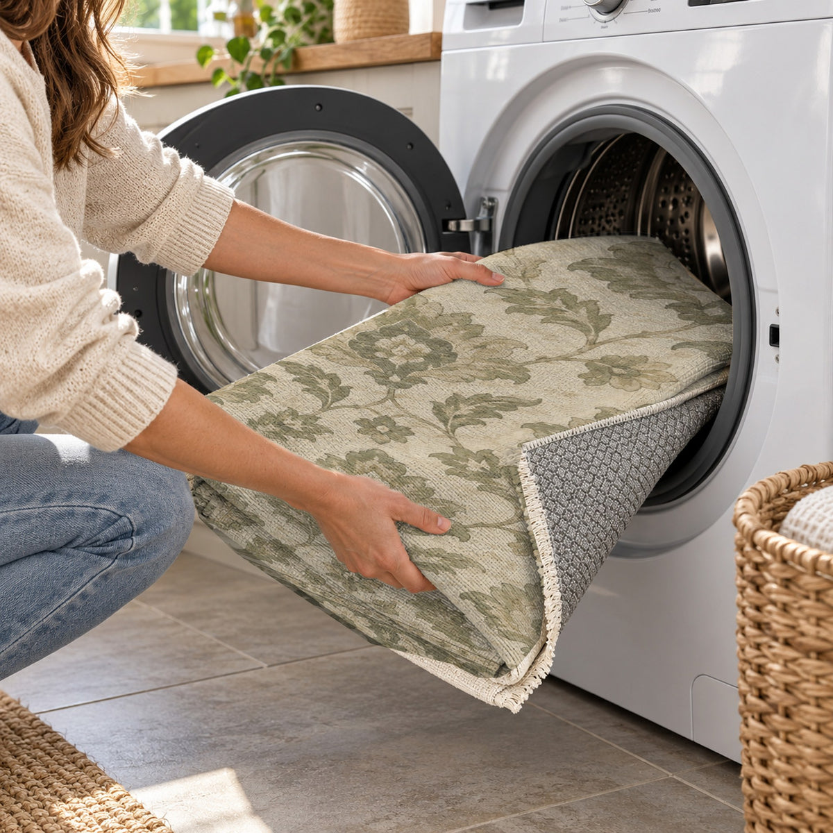 Sunlit Palmettes Sage Cream Classic Washable Rug — washing machine