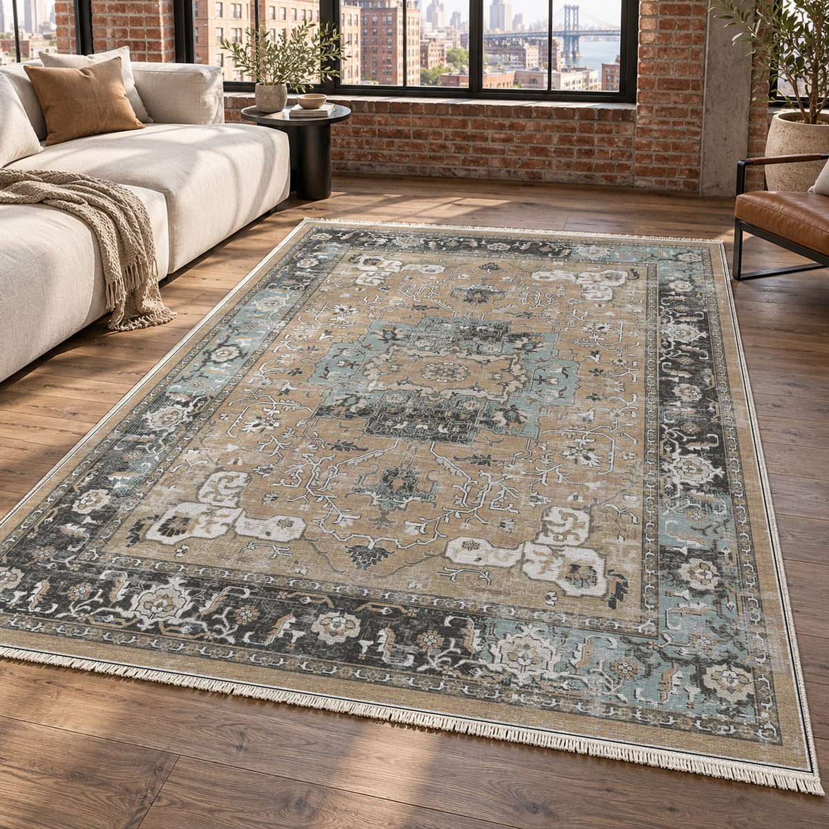 Tabriz Medallion Beige Vintage Washable Rug — new york living