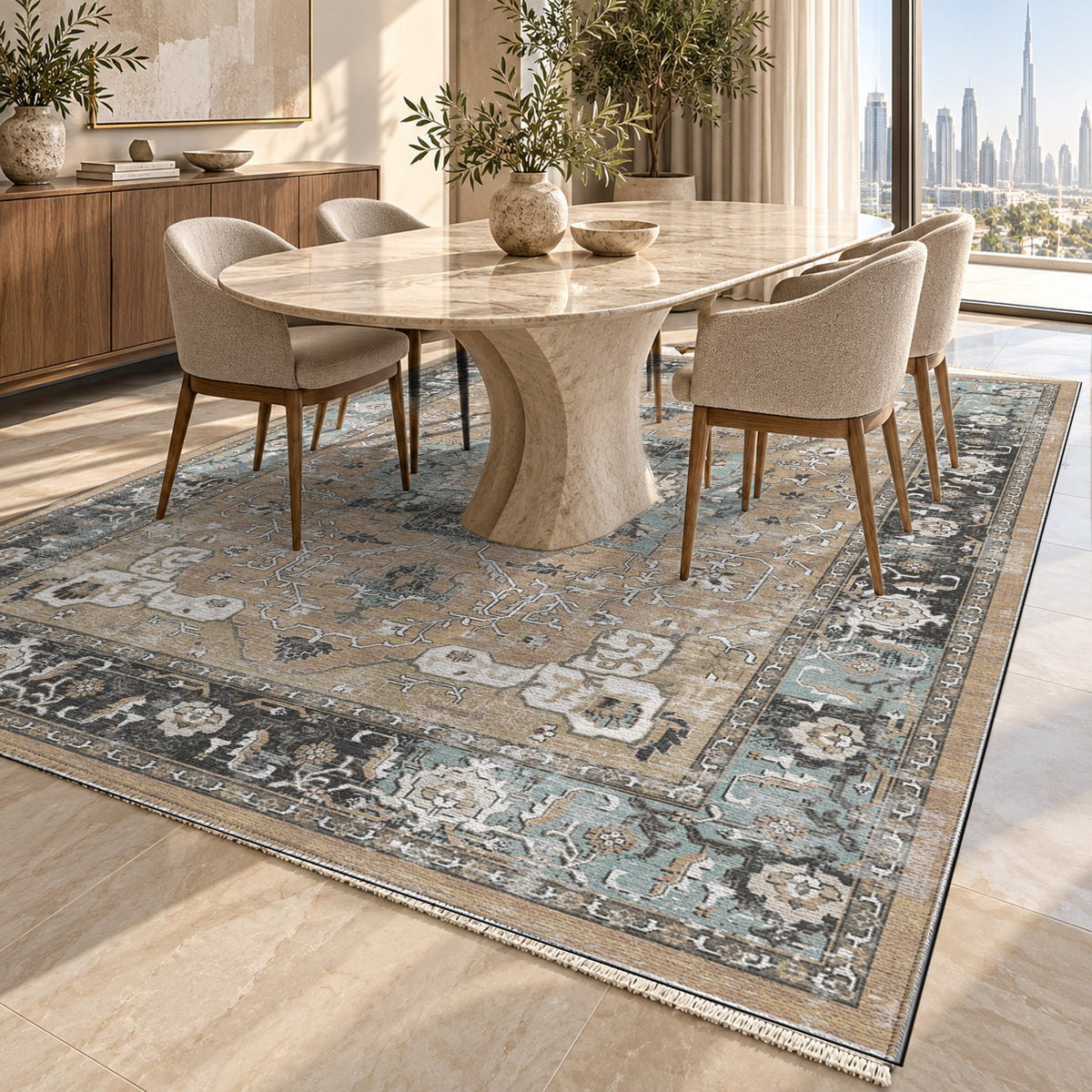 Tabriz Medallion Beige Vintage Washable Rug — dubai dining