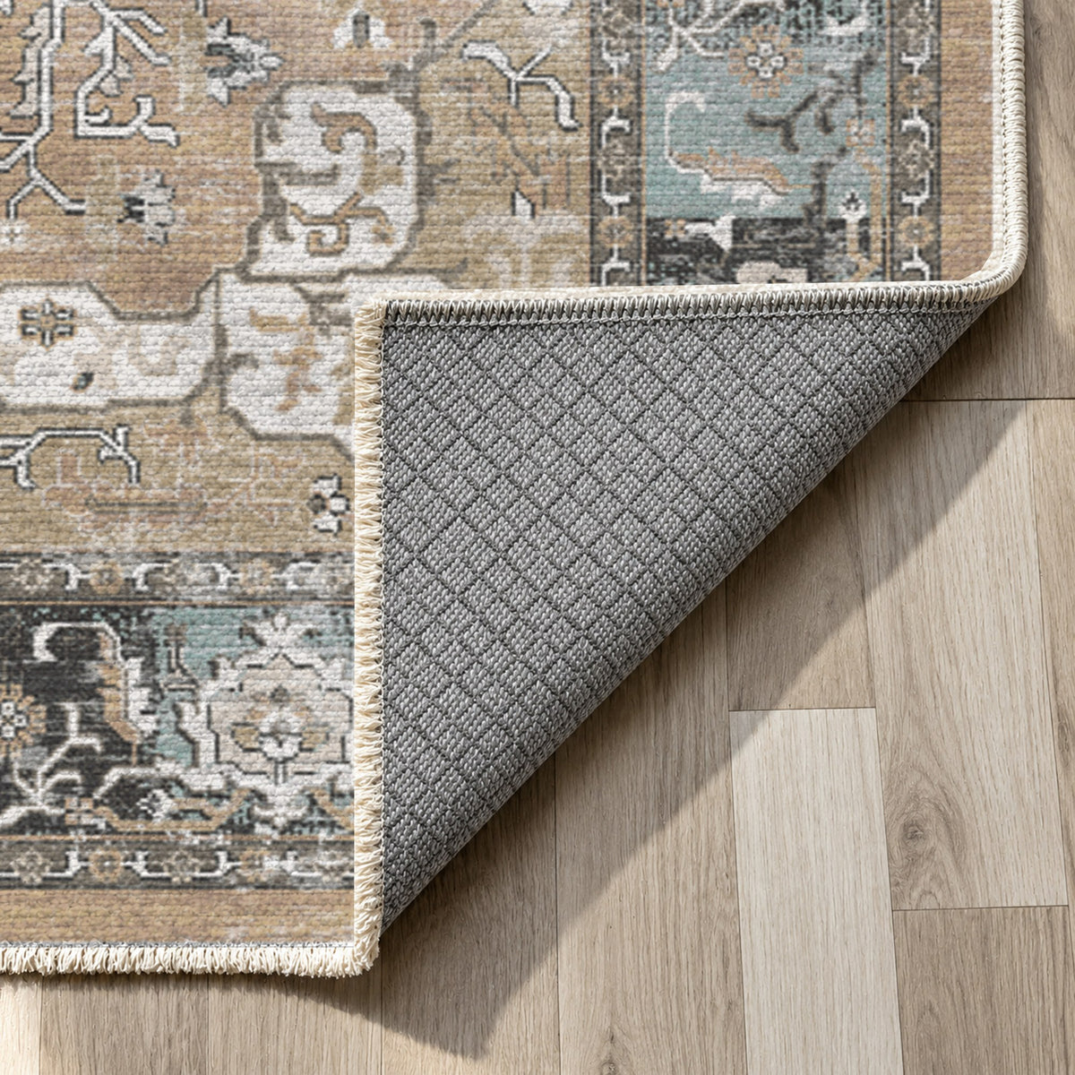 Tabriz Medallion Beige Vintage Washable Rug — backing close up