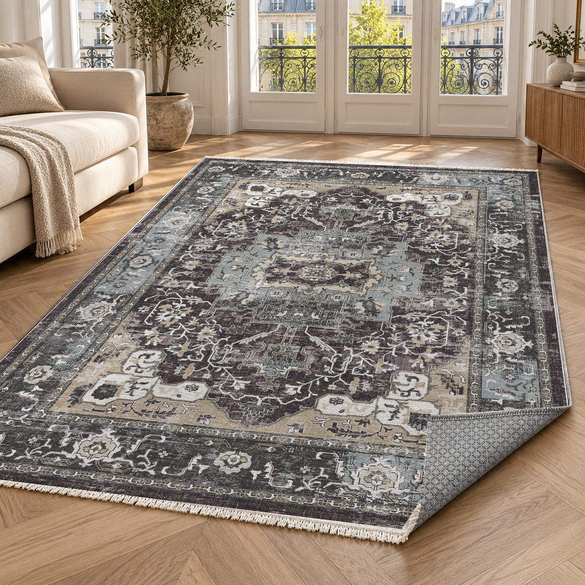 Tabriz Medallion Black Vintage Washable Rug — paris living