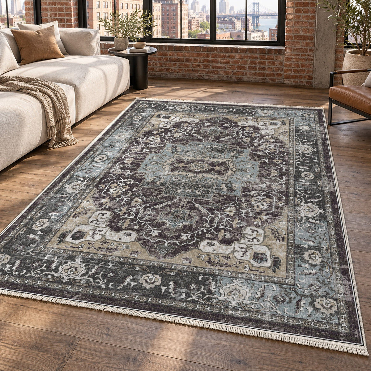 Tabriz Medallion Black Vintage Washable Rug — new york living