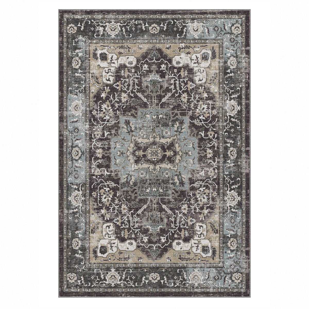 Tabriz Medallion Black Vintage Washable Rug — top view