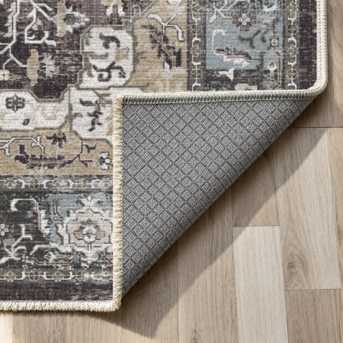 Tabriz Medallion Black Vintage Washable Rug — backing close up