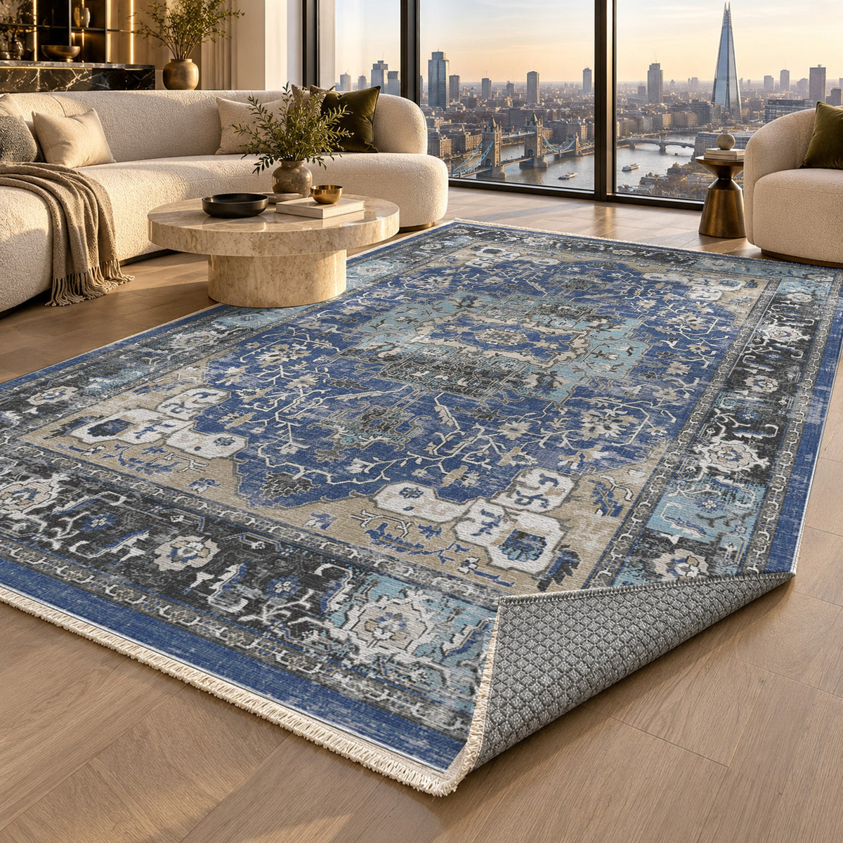 Tabriz Medallion Blue Vintage Washable Rug — london luxury living