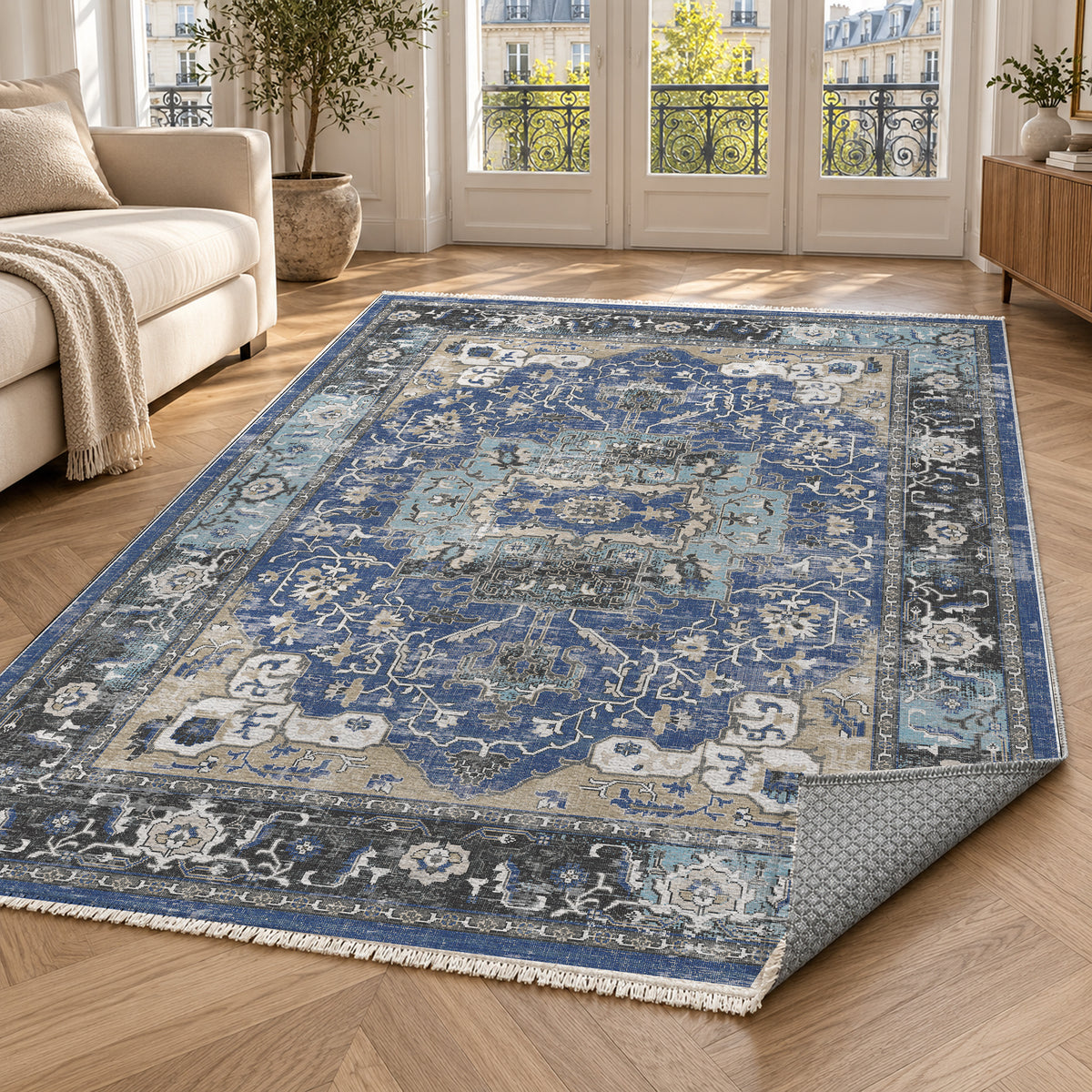 Tabriz Medallion Blue Vintage Washable Rug — paris living