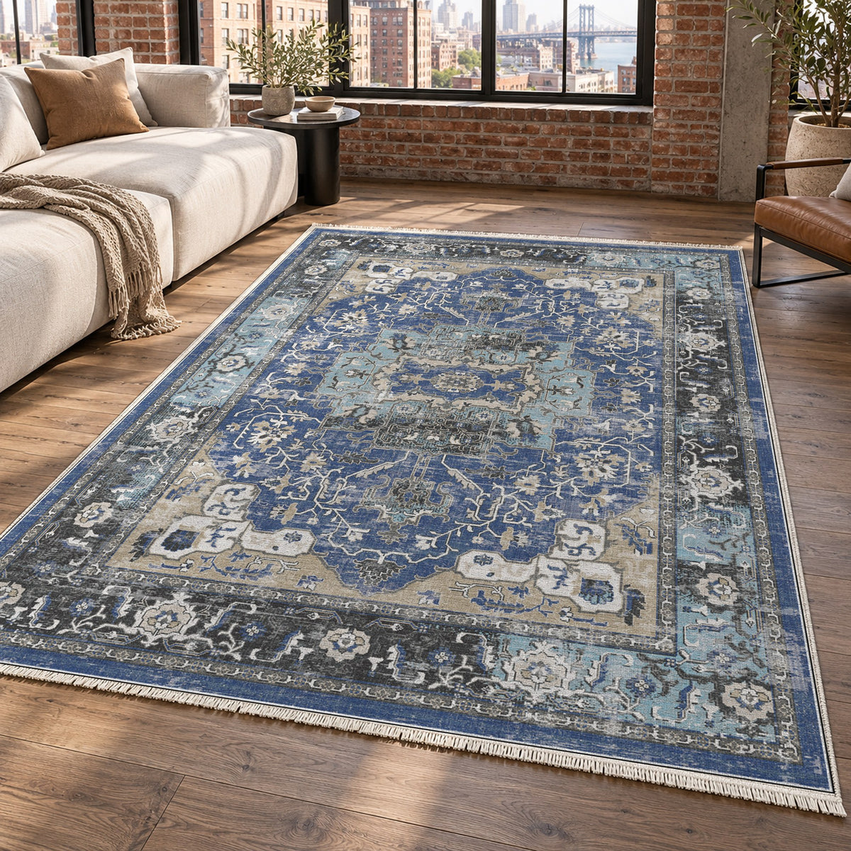 Tabriz Medallion Blue Vintage Washable Rug — new york living