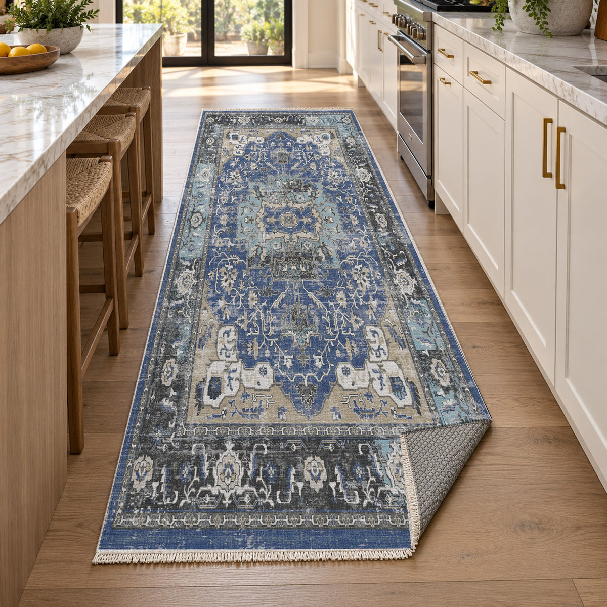 Tabriz Medallion Blue Vintage Washable Rug — new york kitchen runner