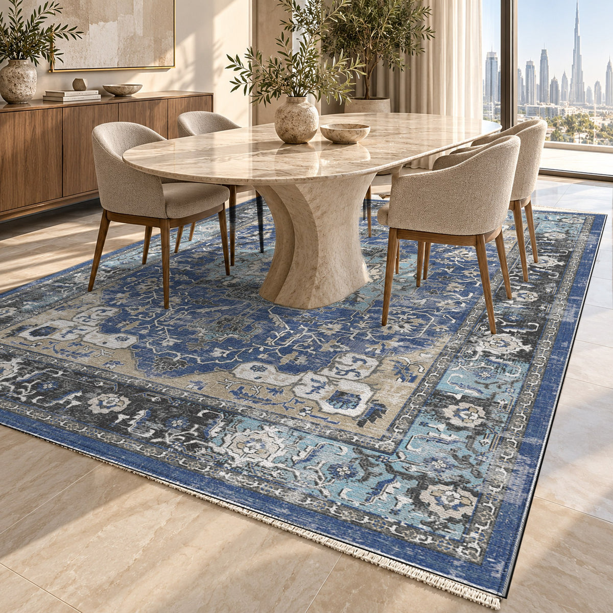 Tabriz Medallion Blue Vintage Washable Rug — dubai dining