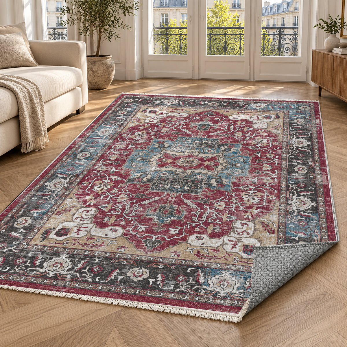 Tabriz Medallion Burgundy Red Vintage Washable Rug — paris living