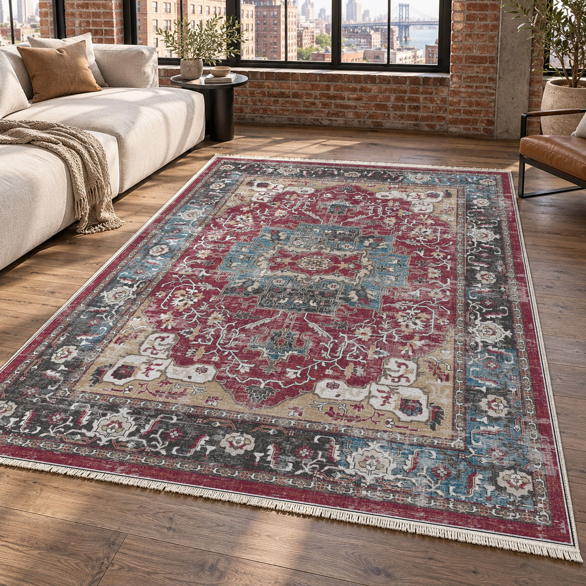 Tabriz Medallion Burgundy Red Vintage Washable Rug — new york living