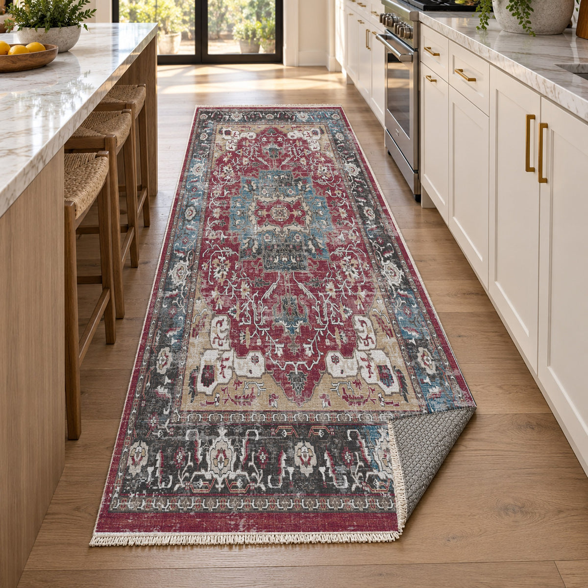 Tabriz Medallion Burgundy Red Vintage Washable Rug — new york kitchen runner