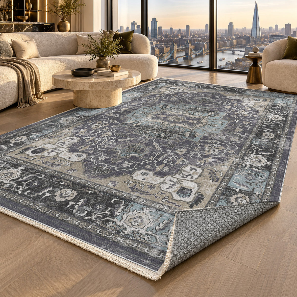 Tabriz Medallion Charcoal Vintage Washable Rug — london luxury living