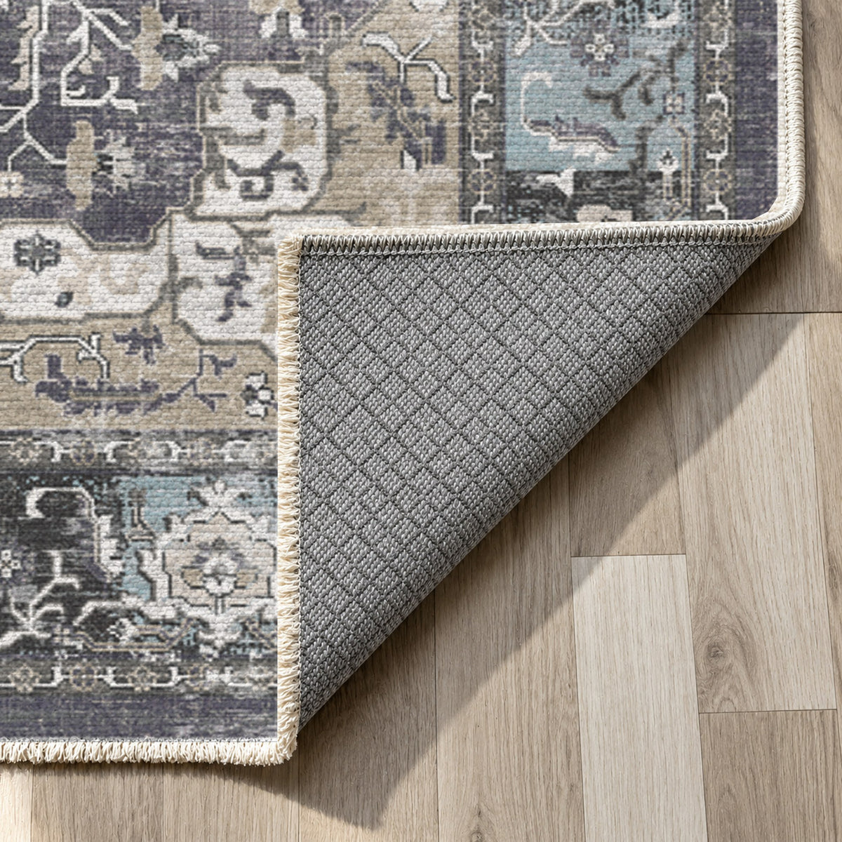 Tabriz Medallion Charcoal Vintage Washable Rug — backing close up