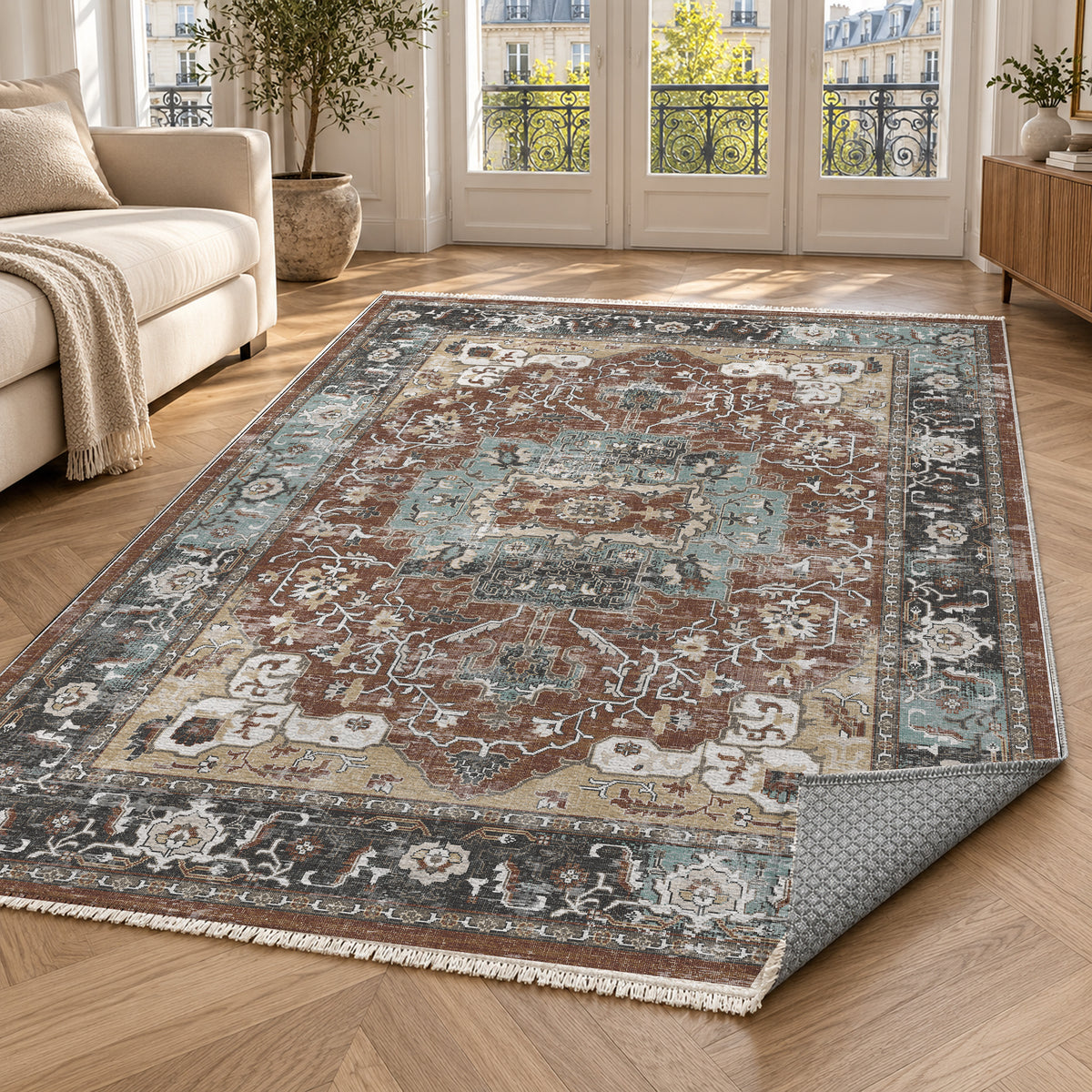 Tabriz Medallion Chocolate Vintage Washable Rug — paris living