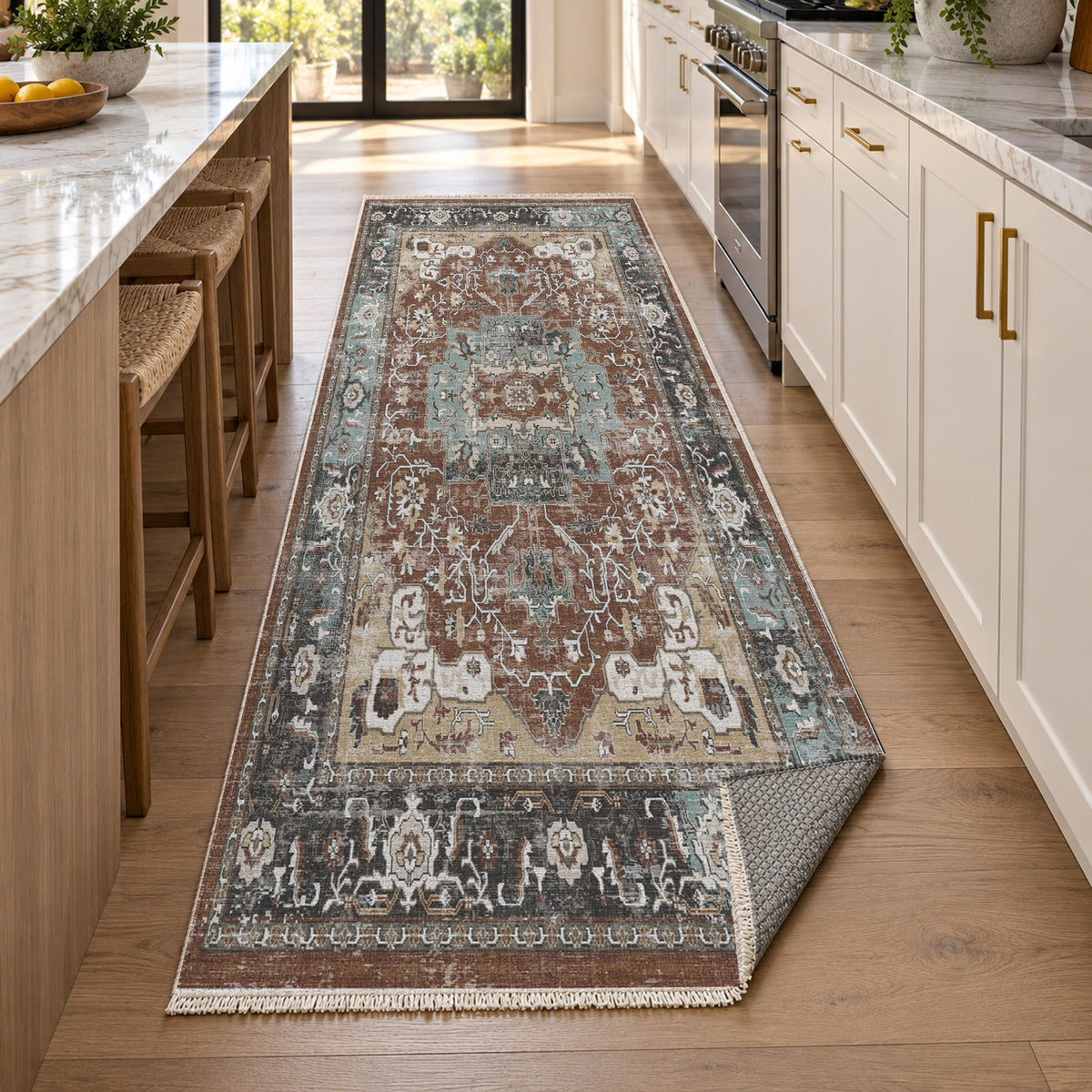 Tabriz Medallion Chocolate Vintage Washable Rug — new york kitchen runner