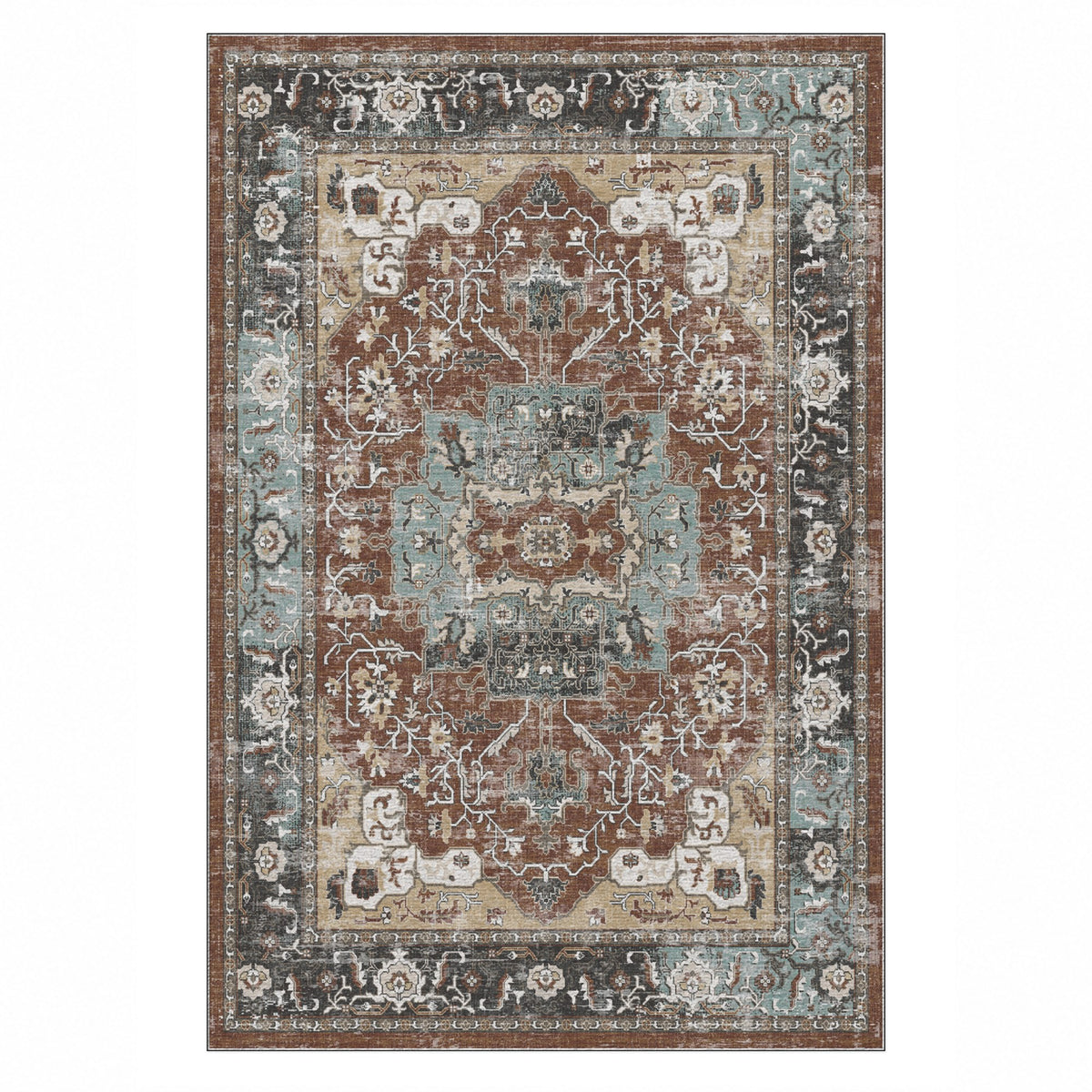 Tabriz Medallion Chocolate Vintage Washable Rug — top view