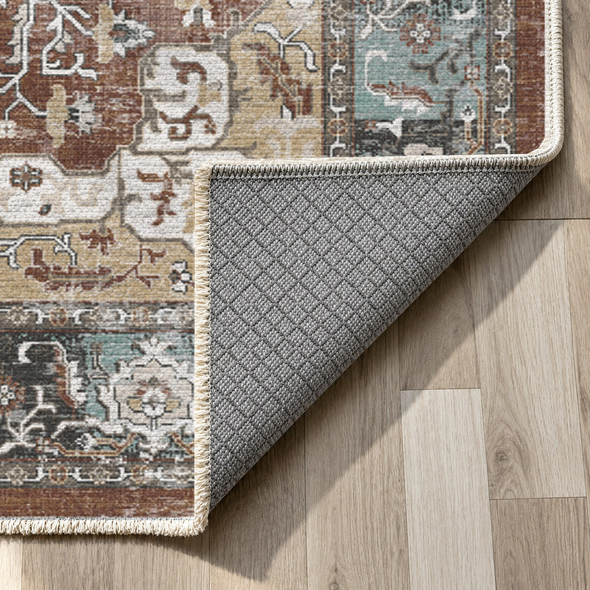Tabriz Medallion Chocolate Vintage Washable Rug — backing close up