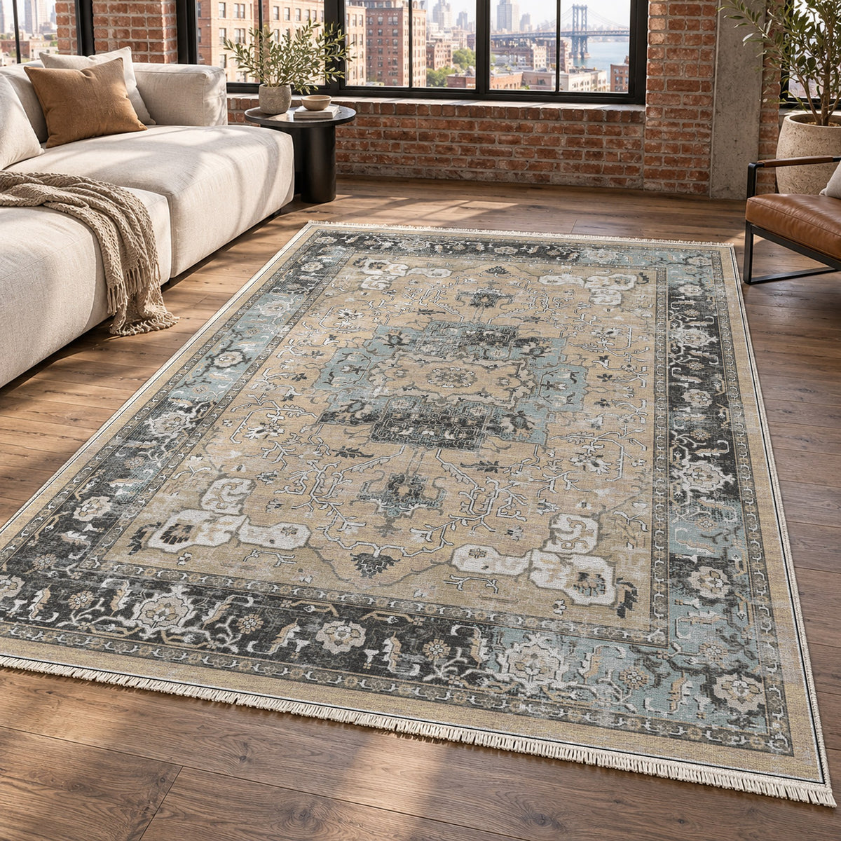 Tabriz Medallion Cream Vintage Washable Rug — new york living
