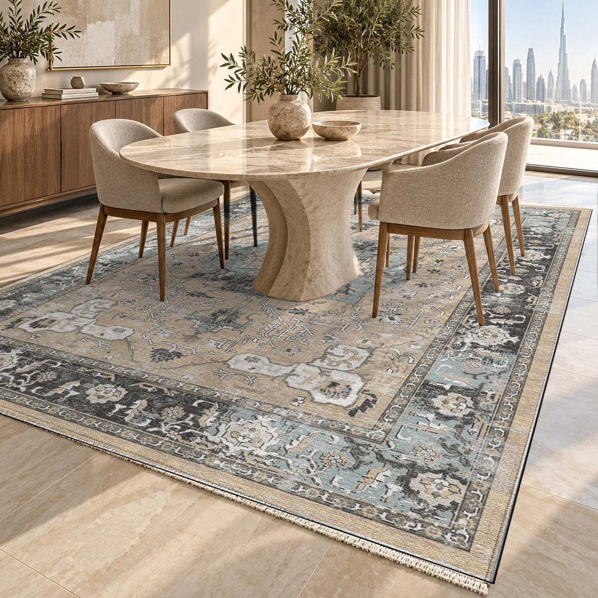 Tabriz Medallion Cream Vintage Washable Rug — dubai dining