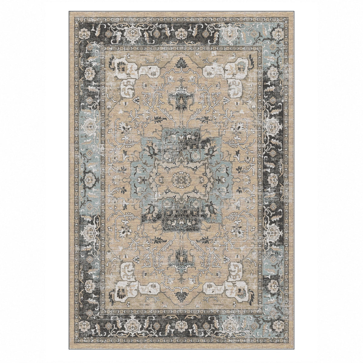 Tabriz Medallion Cream Vintage Washable Rug — top view
