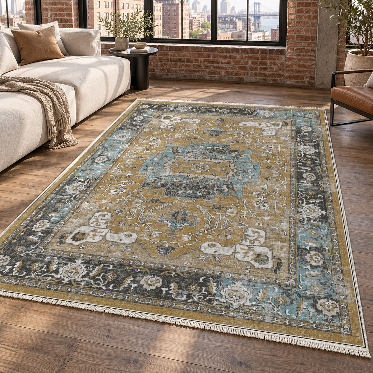 Tabriz Medallion Muted Gold Vintage Washable Rug — new york living