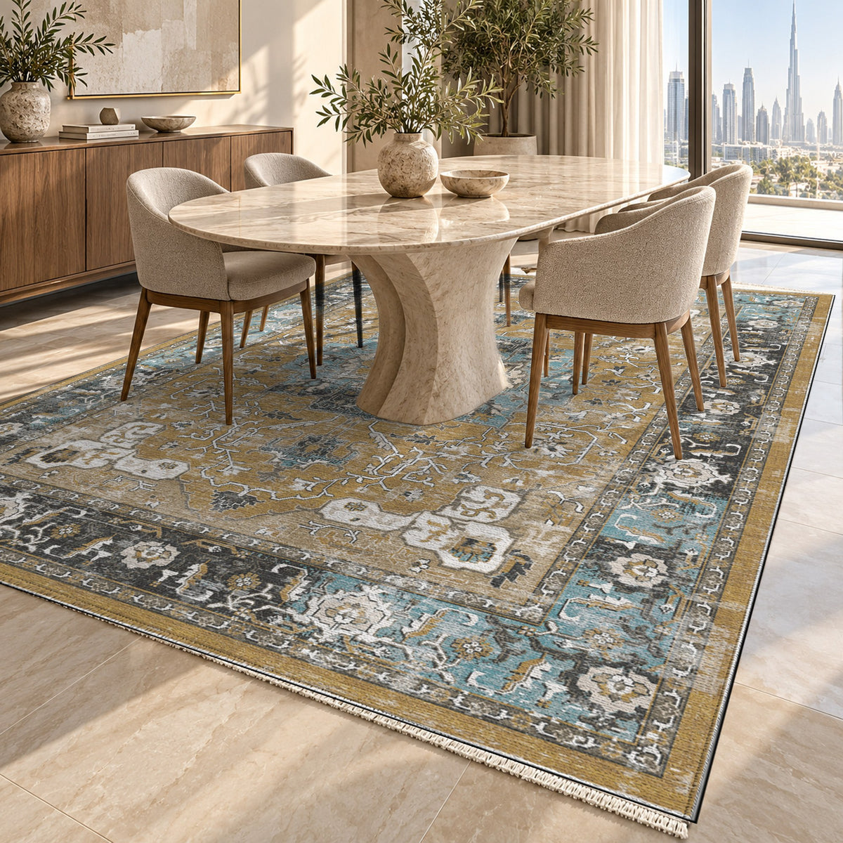 Tabriz Medallion Muted Gold Vintage Washable Rug — dubai dining